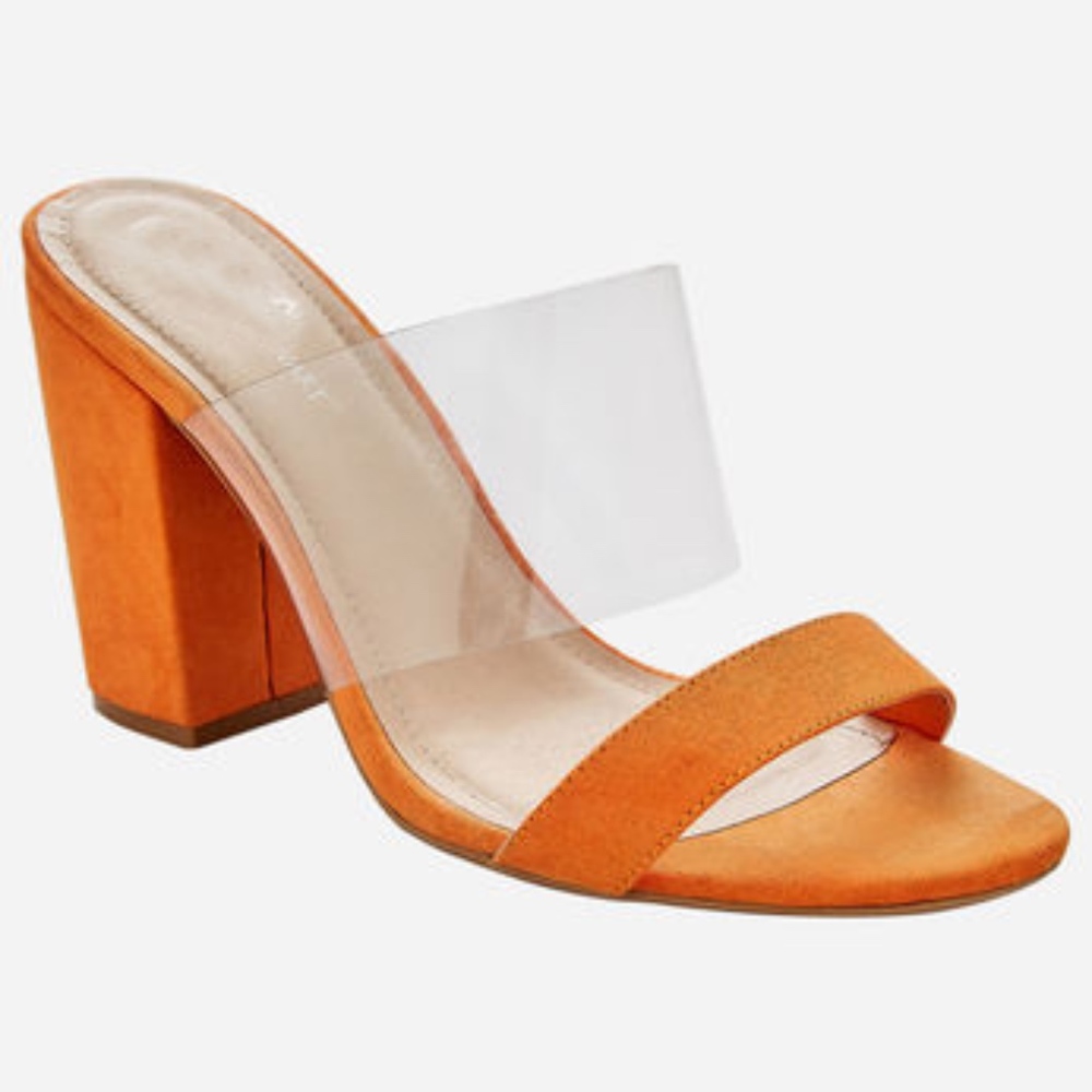 Orange open toed mules clear strap block heel